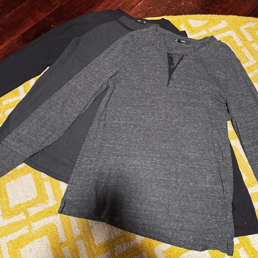 Vince Charcoal Long Sleeve Top and a black and grey baseball style top